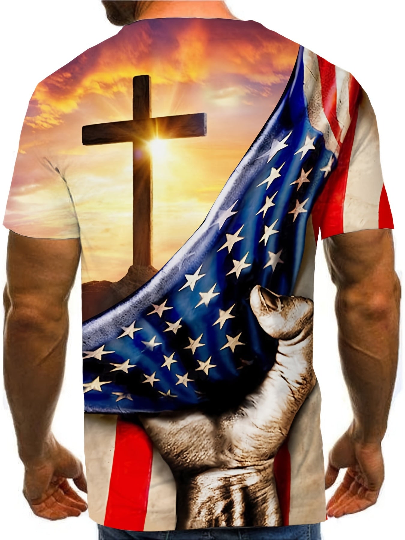 Men's American Flag & Cross Graphic T-shirt - Casual Stretch Tee
