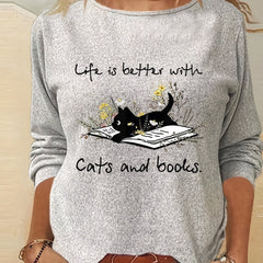 Cat & Book Print Long Sleeve T shirt Women's Clothing