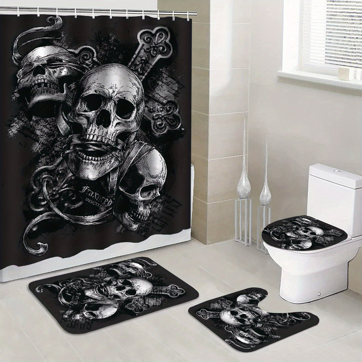 Skull Of The Dead Gothic Pattern Shower Curtain Toilet Seat Bathroom Mat Set