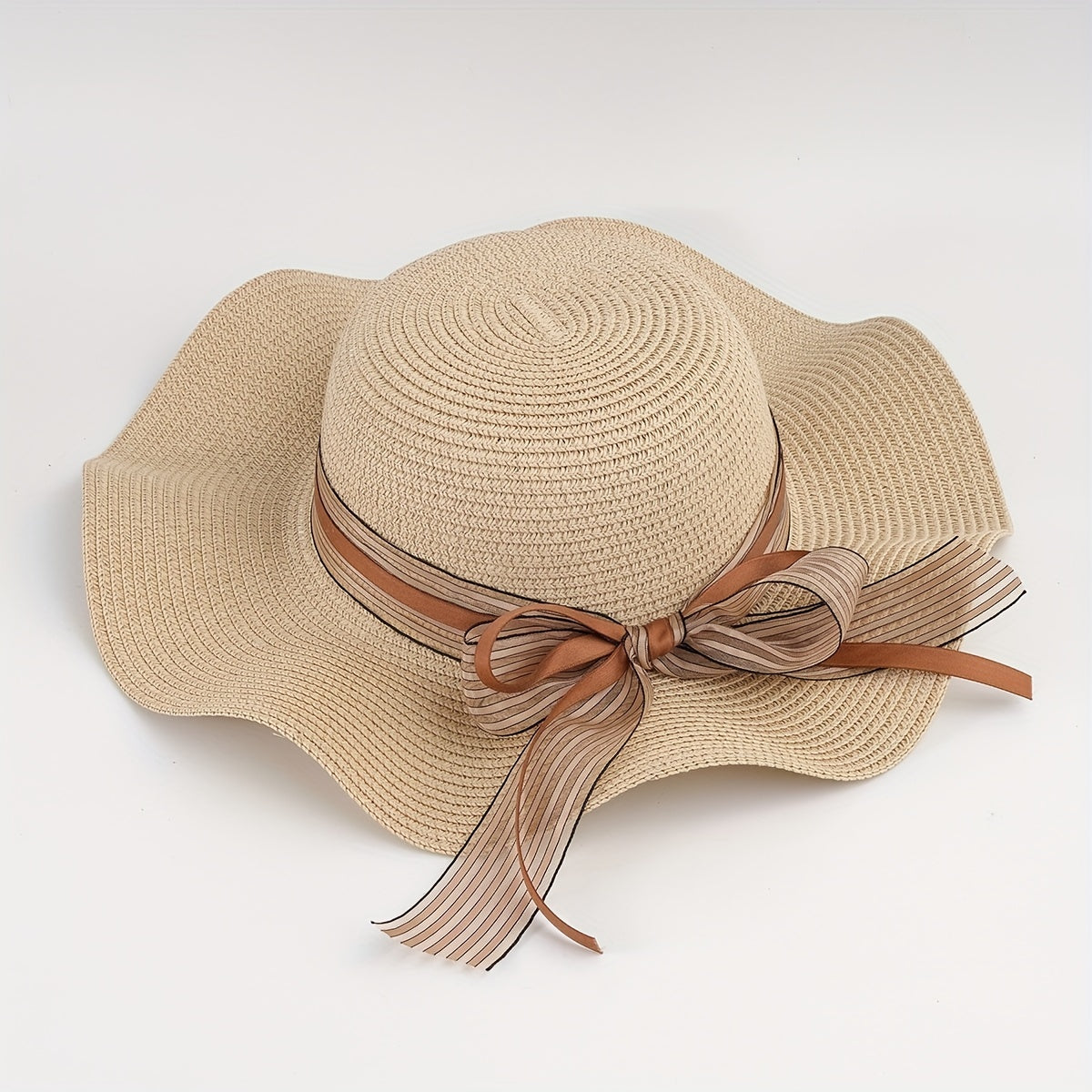 Striped Ribbon Bowknot Sun Hat Ruffles Wide Brim Straw Bucket Hats
