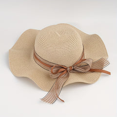 Striped Ribbon Bowknot Sun Hat Ruffles Wide Brim Straw Bucket Hats