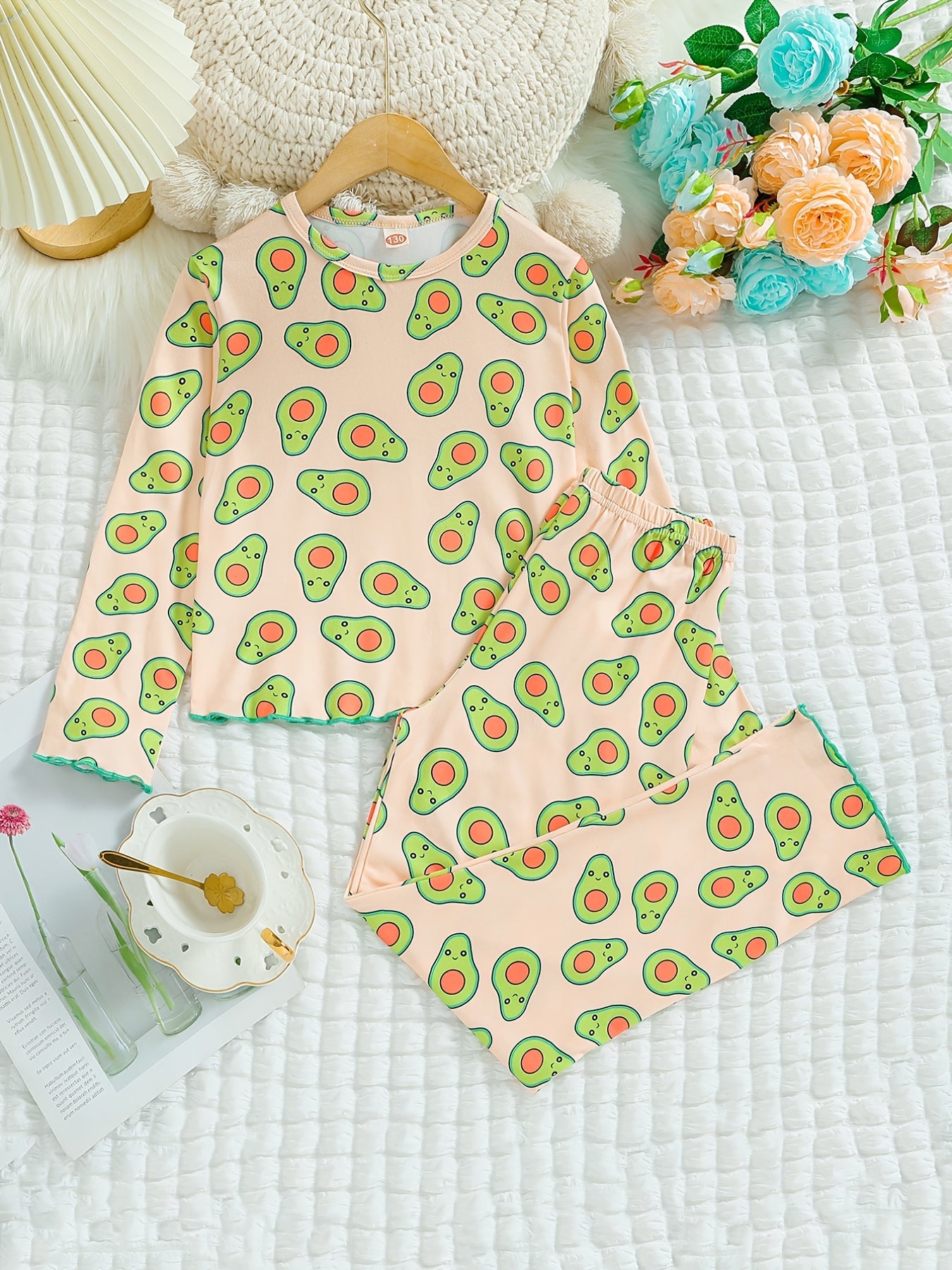 Kid's 2pcs Avocado Print Pajamas Set Long Sleeve Top & Pants Comfy PJ Set