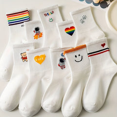 Girls Cartoon Striped Crew Socks Cotton Thin Breathable Comfy Kids Socks