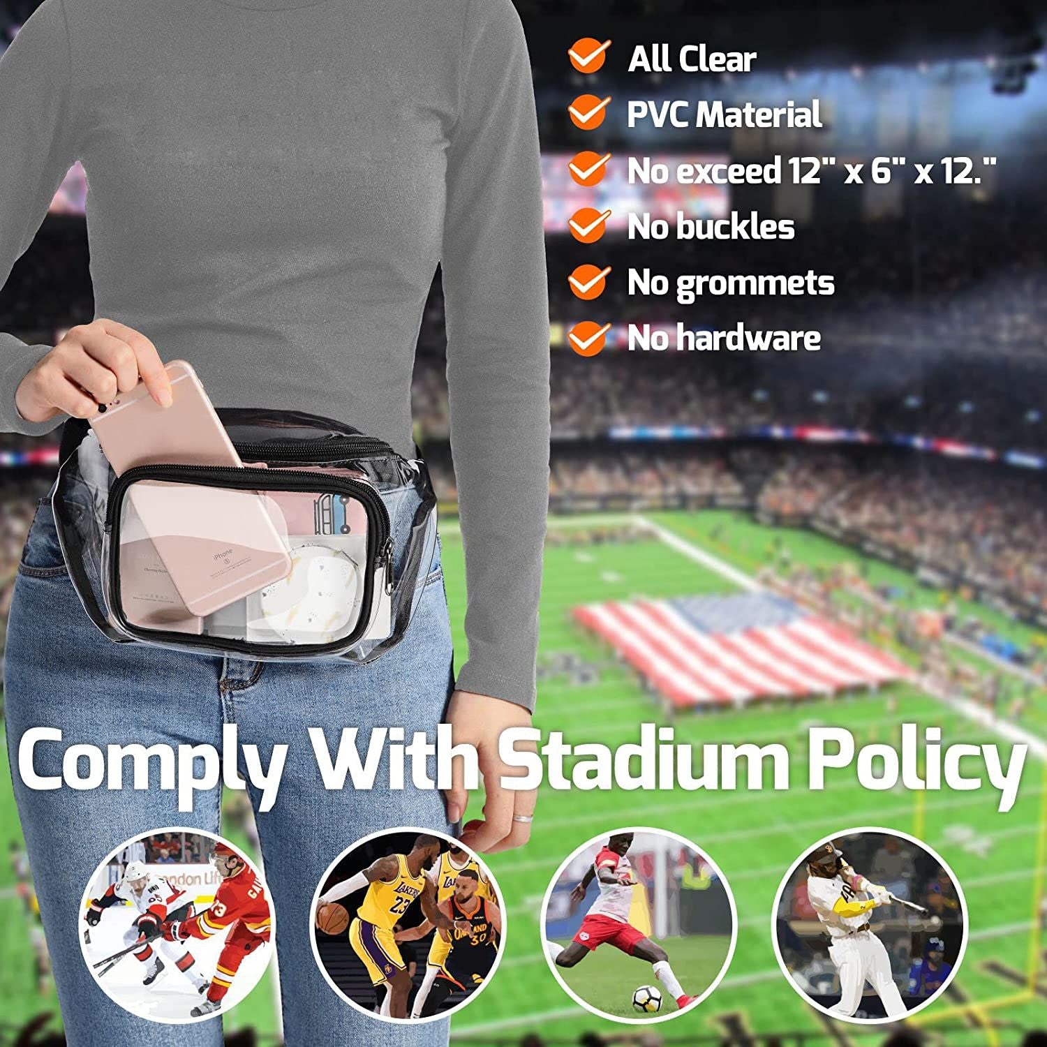 Stadium Approved Transparent Fanny Pack Waterproof Waist Bag Clear Purse