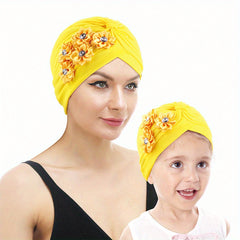 2pcs Flower Decor Turban Cap Bowknot Head Wrap Hijab Cap