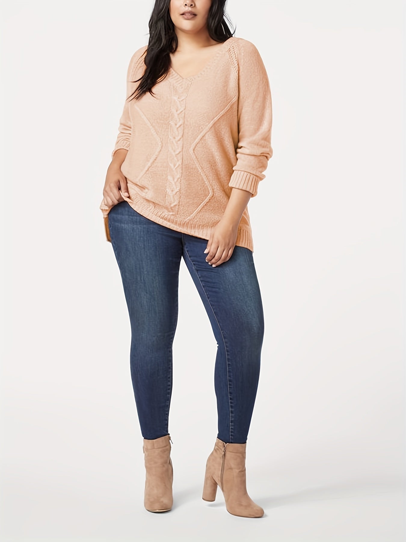 V Neck Long Sleeve Sweater Solid Jacquard Medium Stretch