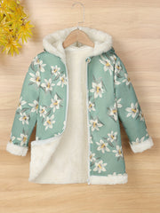 Girls Flower Print Fleece Hooded Coat Jacket, Warm for Autumn Winter