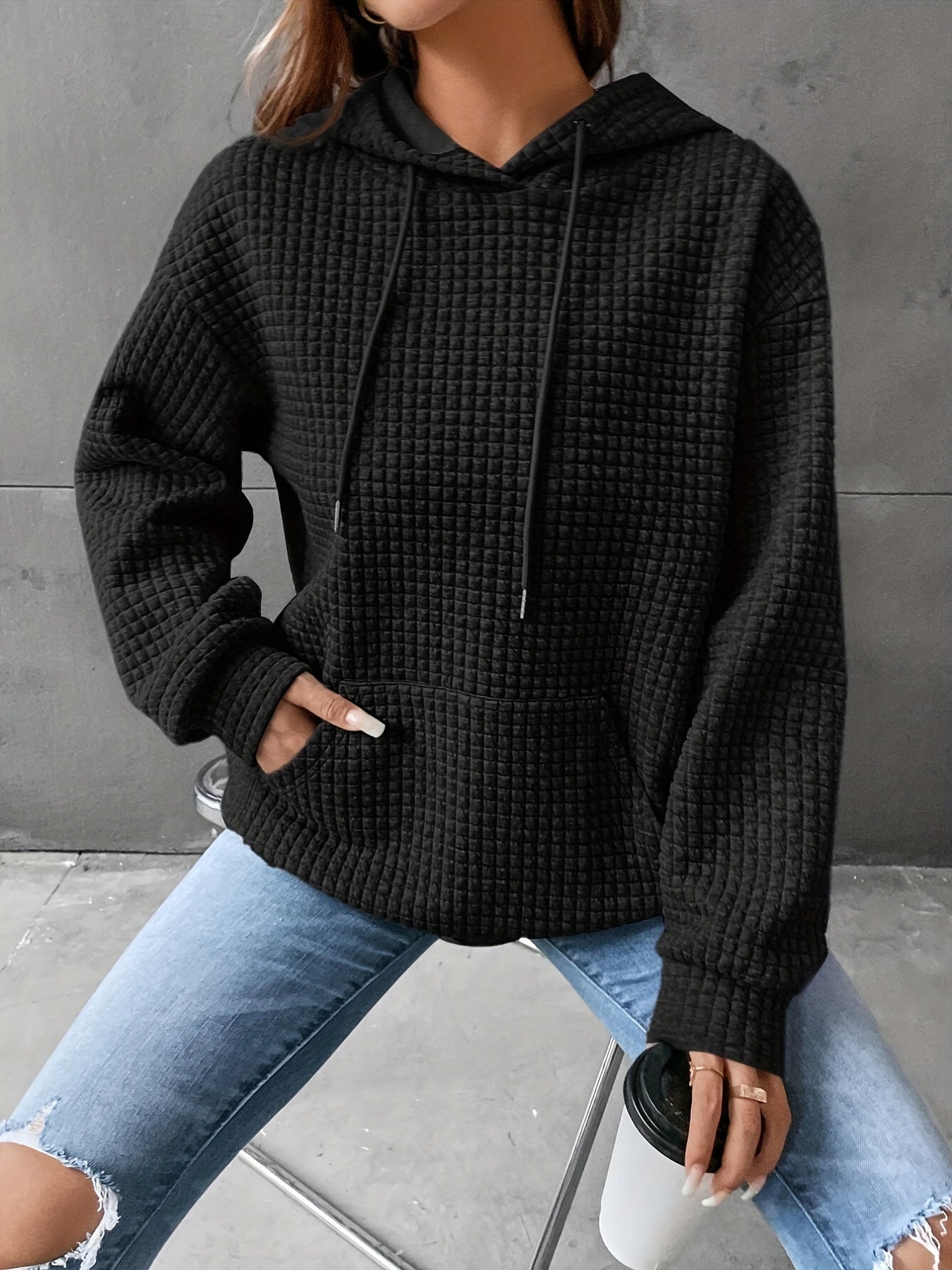 Popcorn Style Textured Kangaroo Pocket Hoodie Women's Sweatshirt