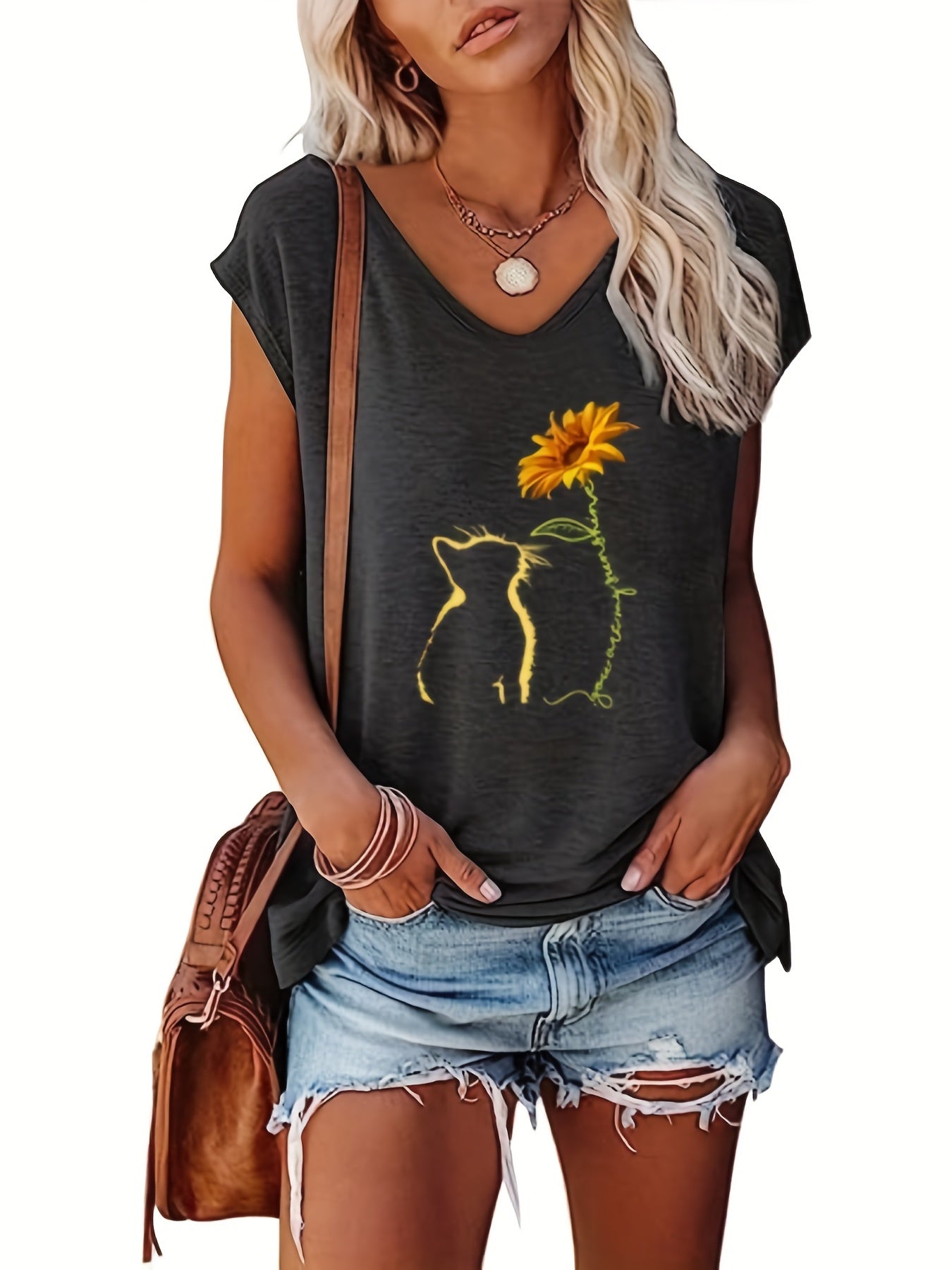 Cat & Sunflower Print Tank Top Cap Sleeve Women's Summer Casual Top