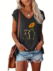 Cat & Sunflower Print Tank Top Cap Sleeve Women's Summer Casual Top