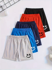 5pcs Boys Smiling Print Shorts Comfortable Quick Dry Summer Outdoor