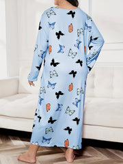 Casual Nightdress Women's Plus Butterfly Print Long Sleeve Tee