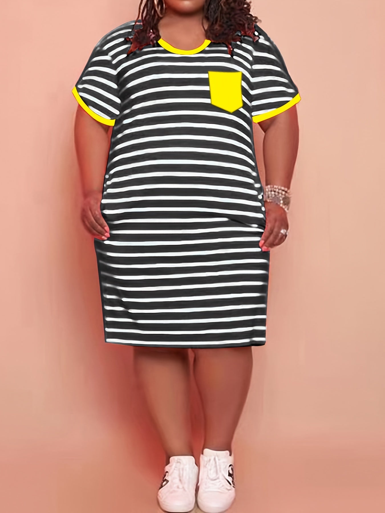 Strip Print Midi Dress With Pockets Plus Size