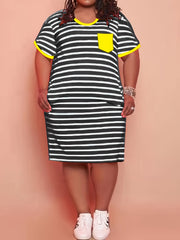 Strip Print Midi Dress With Pockets Plus Size