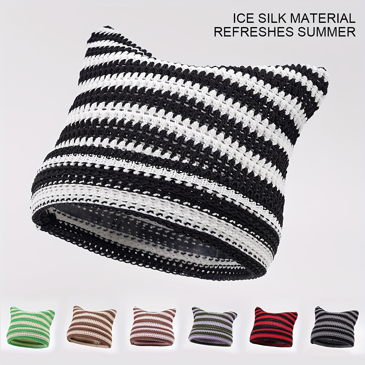 Striped Knitted Ice Silk Beanie Hat with Cat Ears