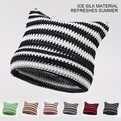 Striped Knitted Ice Silk Beanie Hat with Cat Ears
