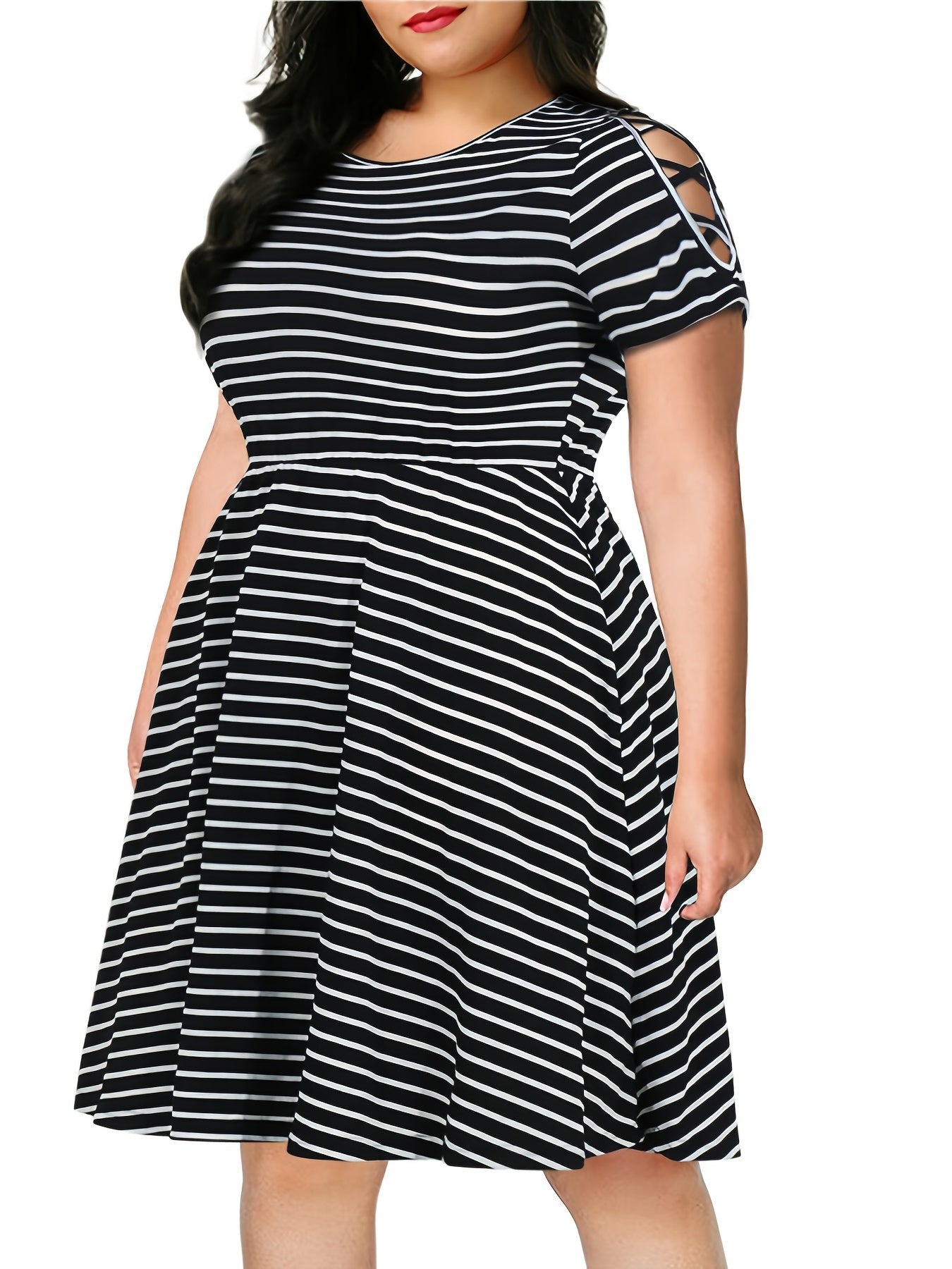 Strip Print Criss Cross Short Sleeve Midi Dress Women's Plus