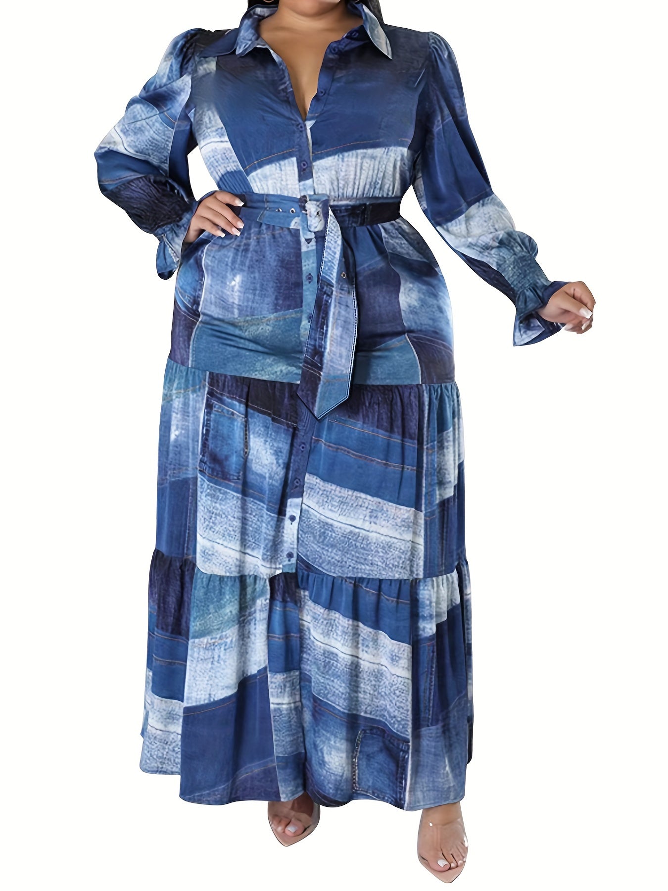 Patchwork Print Button Up Puff Sleeve Maxi Smock Dress