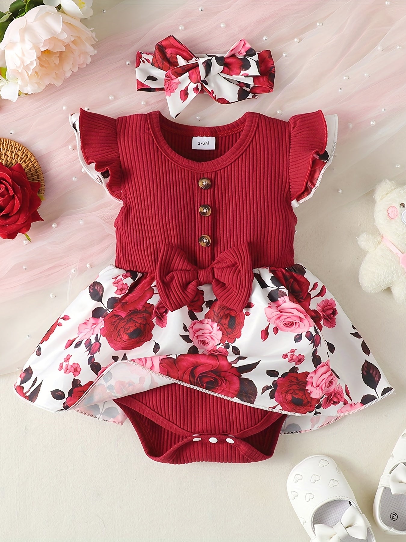 Baby Girls Floral Pink Dress Onesie Set with Headband