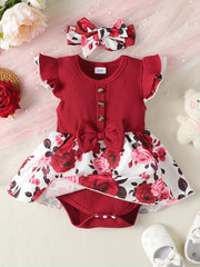 Baby Girls Floral Pink Dress Onesie Set with Headband