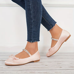Women's Bow Mary Jane Rhinestone Flats Soft Sole Slip On Satin Shoes