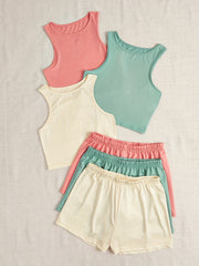 6 Pack Plus Size Pajama Set Women's Crop Tank Top & Elastic Waist Shorts
