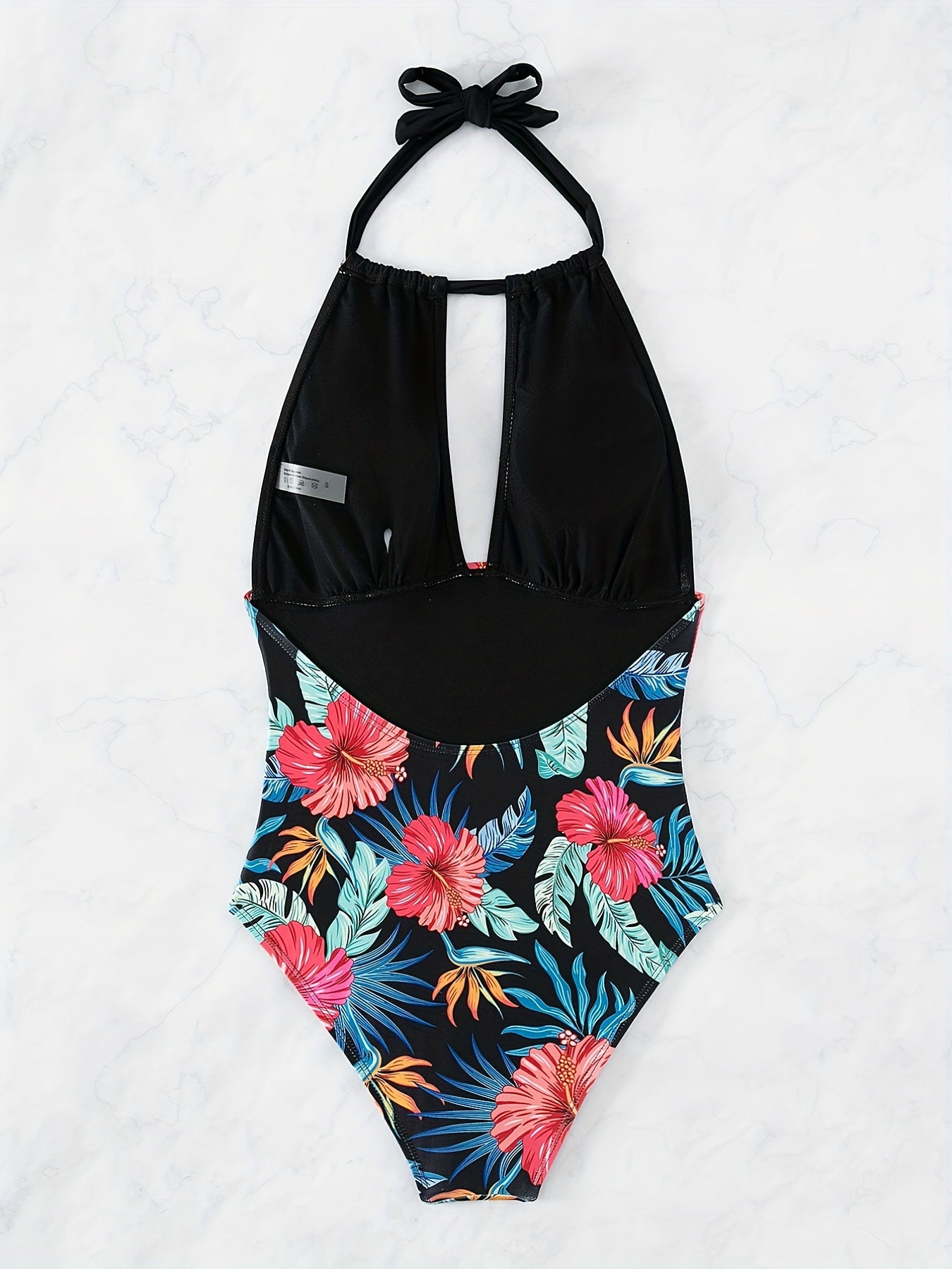 Floral Print Halter Swimsuit Ruched Backless One Piece Bathing Suit