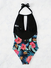 Floral Print Halter Swimsuit Ruched Backless One Piece Bathing Suit