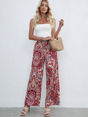 Boho Paisley Print Wide Leg Pants with Shirred Waist