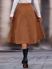 Faux Suede Long Skirt - High Waist Button Skirt