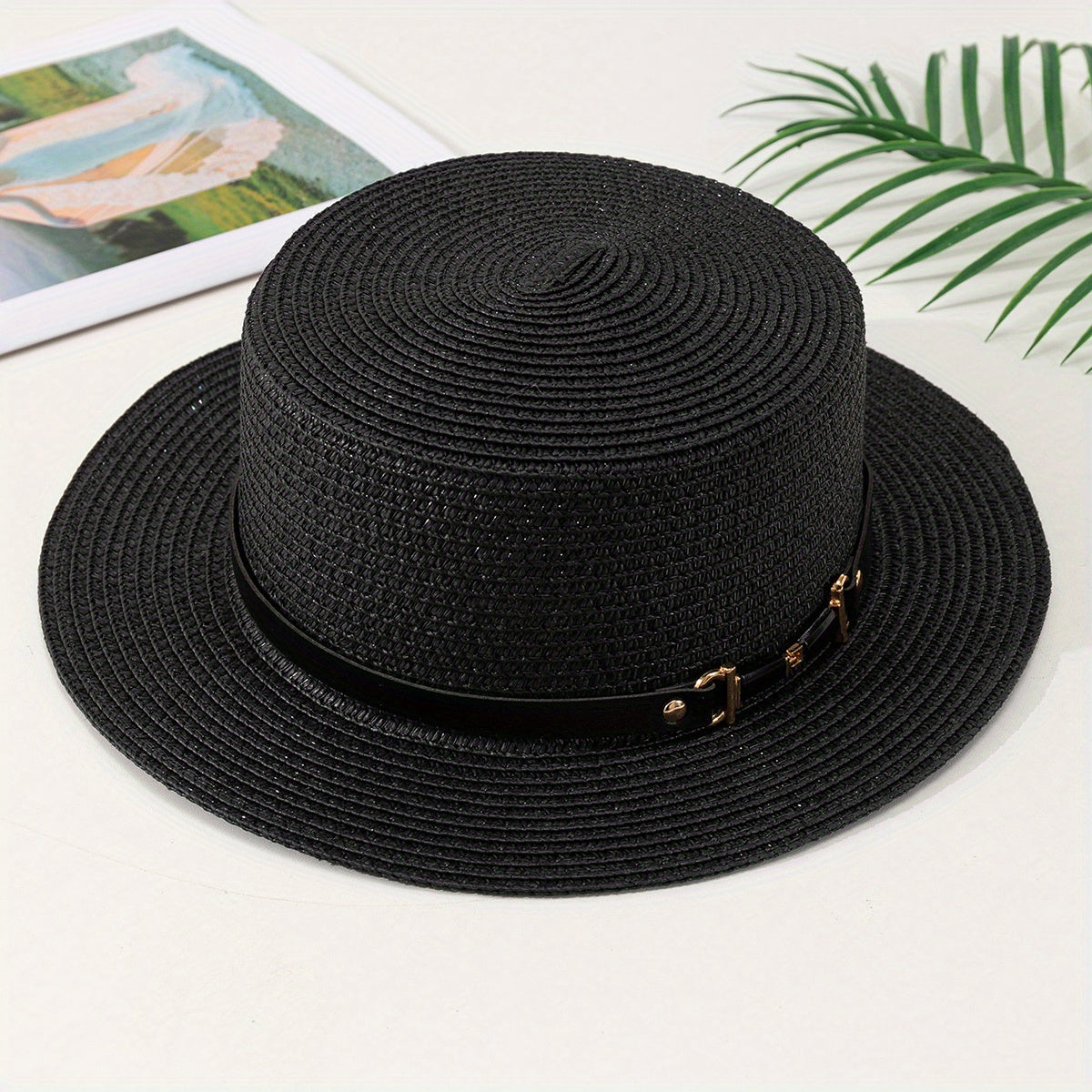 Double Link Chain Belt Flat Top Straw Hat Outdoor Sunshade Travel Hat