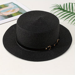 Double Link Chain Belt Flat Top Straw Hat Outdoor Sunshade Travel Hat