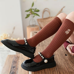 Girls Cartoon Bear Cotton Blend Knee High Socks - Striped Stockings