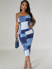 Denim Print Criss Cross Backless Cami Dress