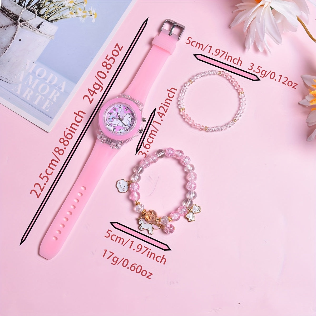 Hot Deal Cartoon Pony Silicone Strap LED Girls Watch Quartz Wristwatch Set