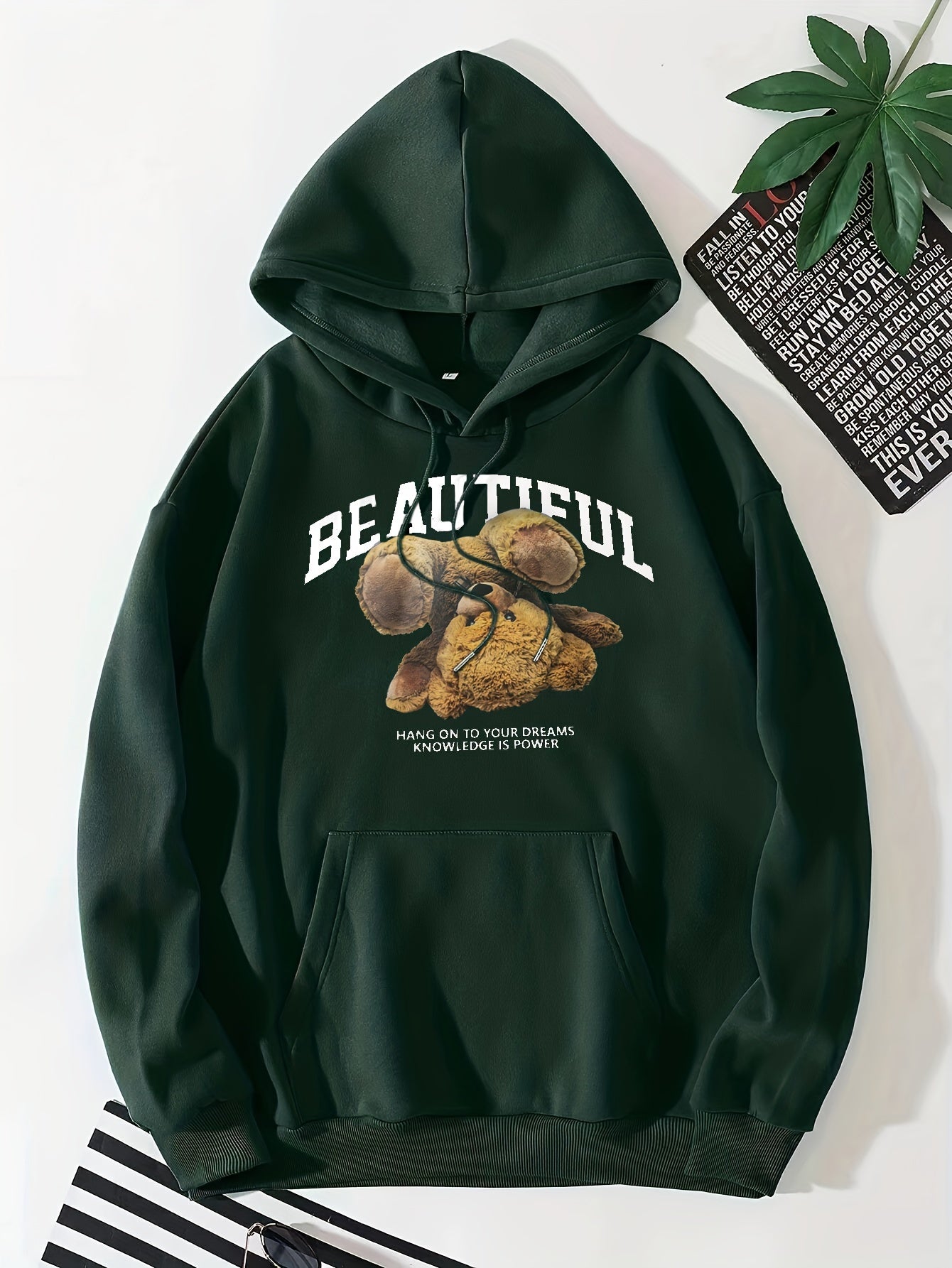 Bear Print Kangaroo Pocket Hoodie Casual Long Sleeve Drawstring Hoodies