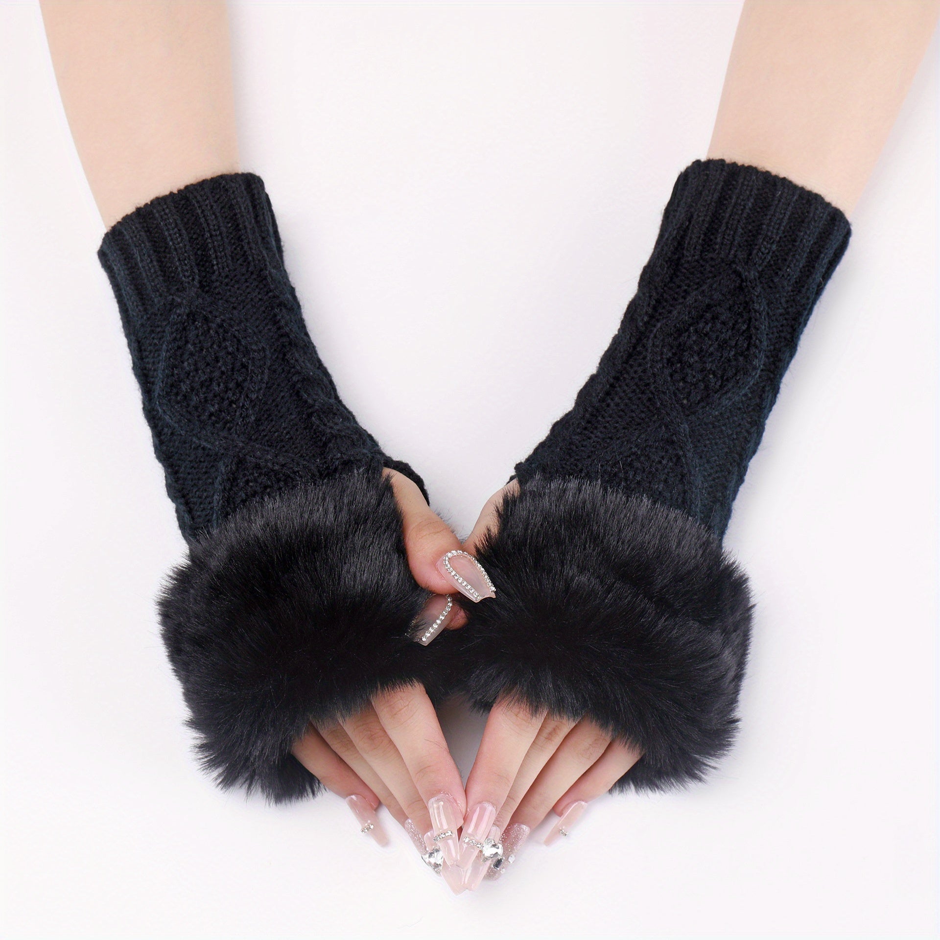 Women's Cable Knit Half Finger Gloves Plush Warmth Winter Arm Warmer