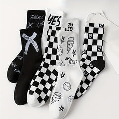 7 Pairs Letter & Plaid Print Socks - Casual Street Women's Stockings & Hosiery