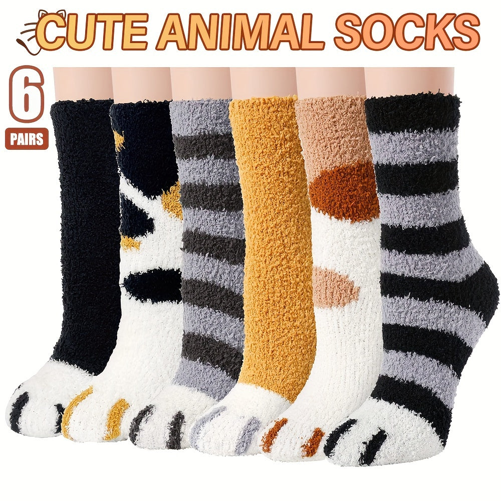 6 Pairs Men's Cartoon Claw Crew Socks Plush Warm Thermal Comfy Unisex Socks