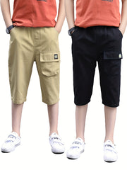 Boys Elastic Waist Cropped Cargo Pants with Pocket