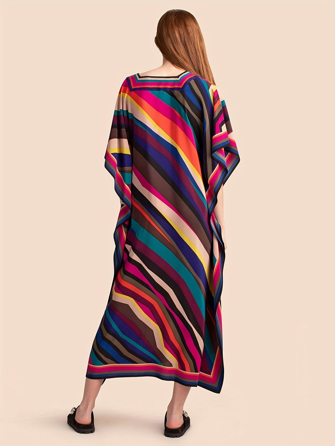 Colorblock Stripe Print V Neck Bat Sleeve Maxi Cover Up