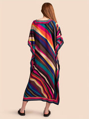 Colorblock Stripe Print V Neck Bat Sleeve Maxi Cover Up