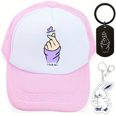 Kpop Baseball Cap & Rabbit Keychain Set - Anime Trucker Hat & Sunshade Dad Hats