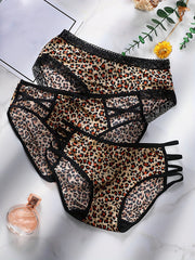3pcs Leopard Print Briefs Soft Elastic Intimates Panties Women's Lingerie