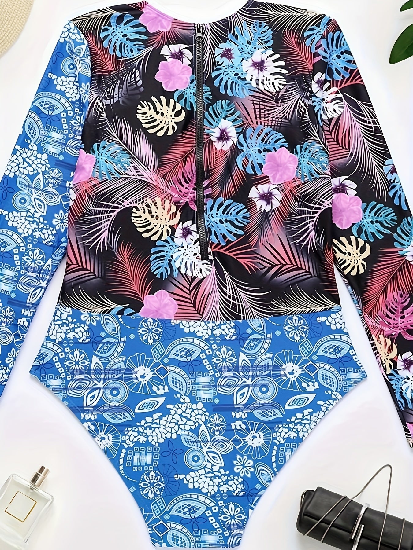 Boho Swimsuit Colorblock Floral & Leaf Print Long Sleeve