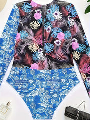 Boho Swimsuit Colorblock Floral & Leaf Print Long Sleeve
