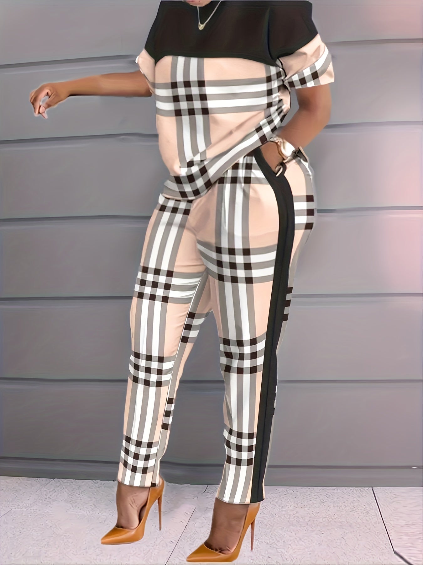 Plaid Print Casual Two piece Set Crew Neck Short Sleeve Tee & Long Length Pants