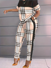 Plaid Print Casual Two piece Set Crew Neck Short Sleeve Tee & Long Length Pants