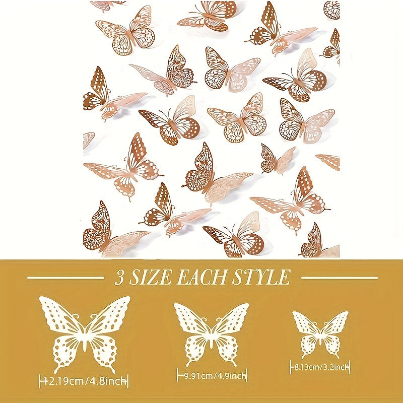 12pcs 3D Golden Butterfly Wall Decorations for Birthday Party and Cake Decor