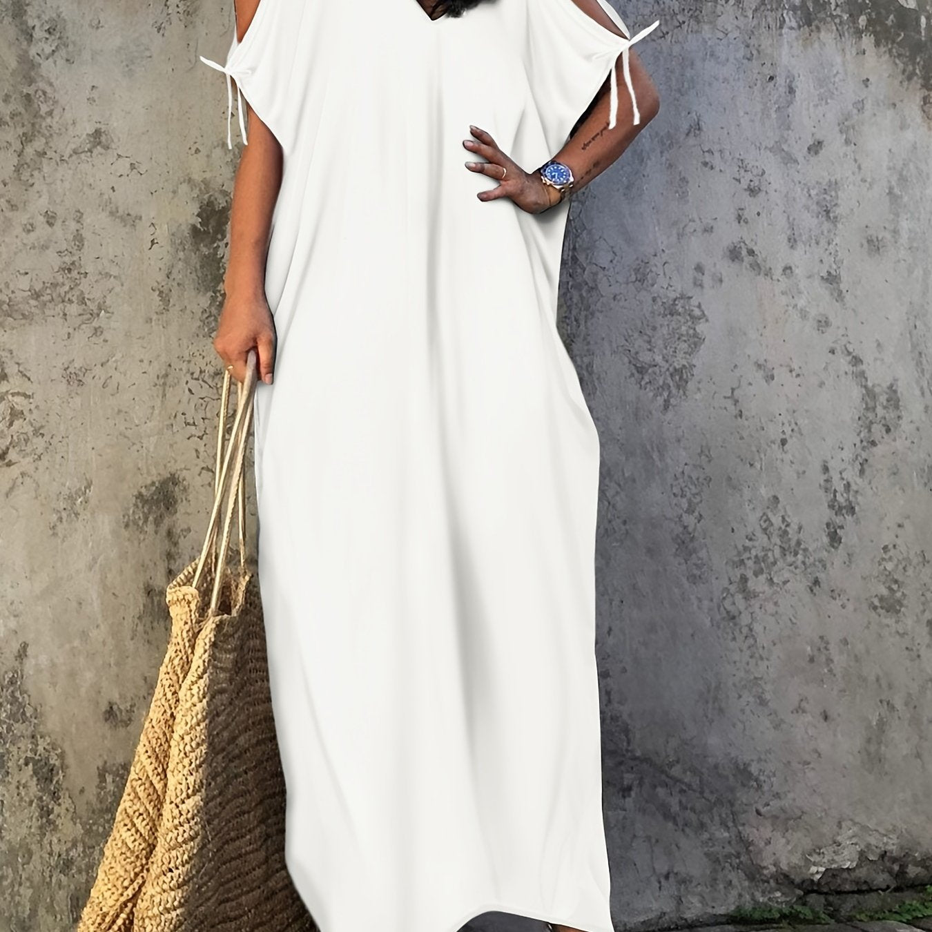V Neck Cover Up Dress Loose Fit Tie Side Solid Beachwear Kaftan Women's Swimwear